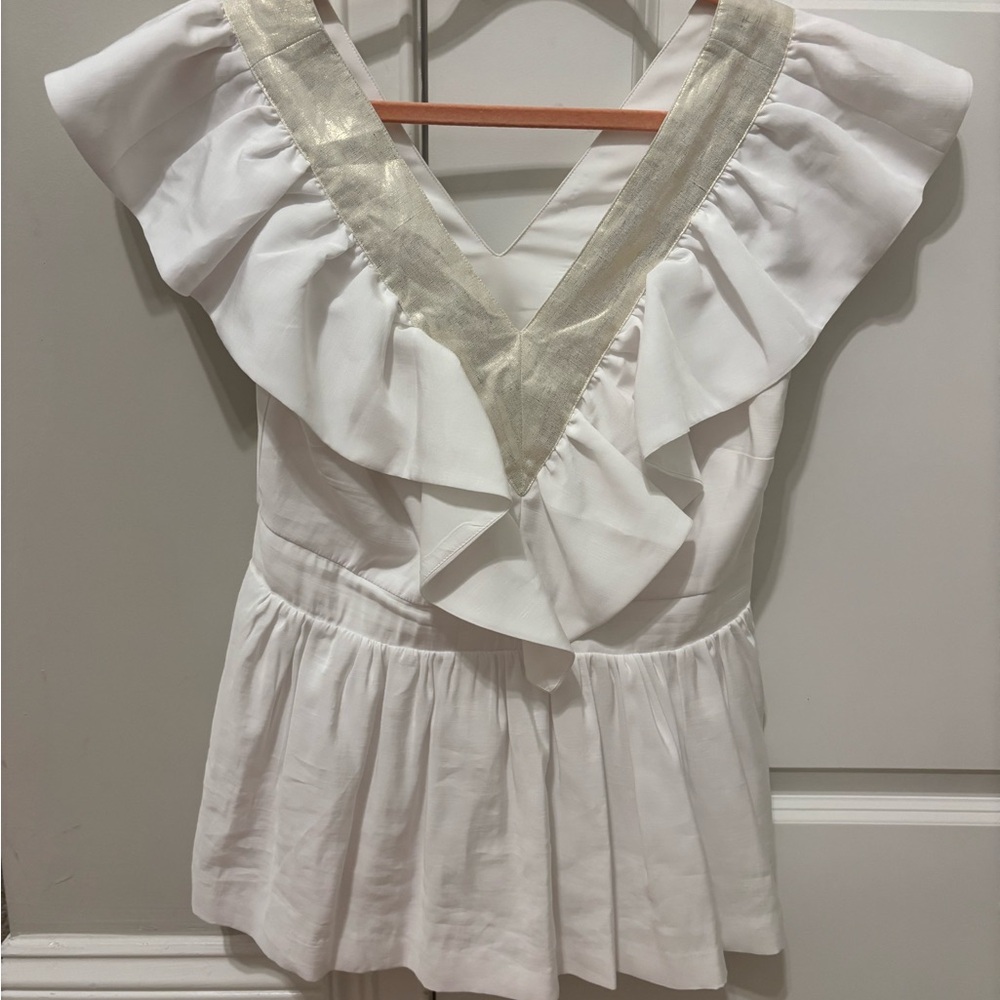 Emily McCarthy white blouse v neck